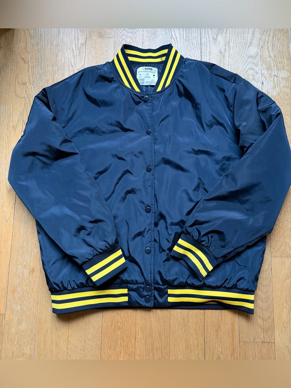 Ci Sono Navy Blue Long Sleeve Bomber Jacket Vintage Yellow Striped Letterman XL